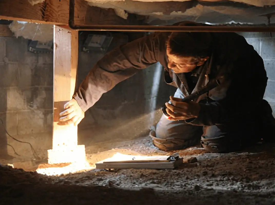 A professional inspecting wooden beams under the floor of a structure in Long Beach, CA